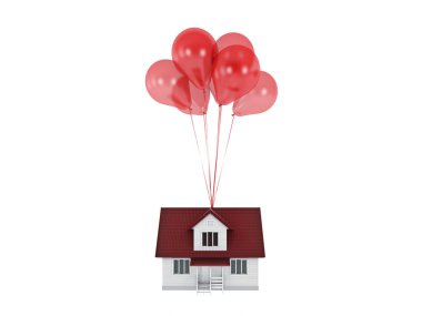 İzole bir evi yükselterek balonlar. 3D render