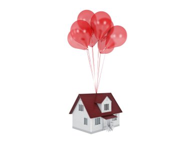 İzole bir evi yükselterek balonlar. 3D render