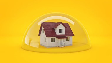 Evin altında bir cam kalkan koruma kavramı. 3D render