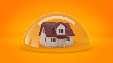 Evin altında bir cam kalkan koruma kavramı. 3D render