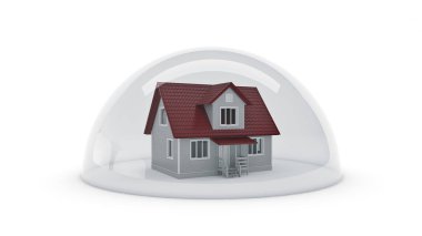 Evin altında bir cam kalkan koruma kavramı. 3D render