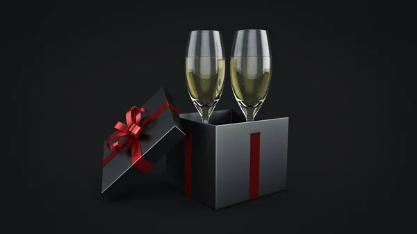 Copos de champanhe e presentes prontos para trazer o ano novo. Renderização 3d — Fotografia de Stock