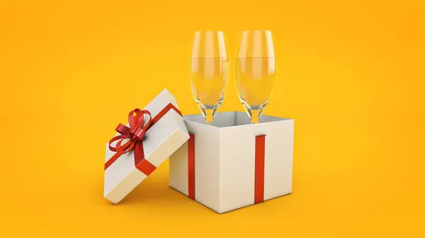 Champagne glasses and gifts ready to bring in the new year. 3d rendering — Stock Photo, Image