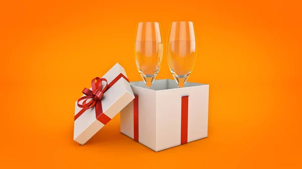 Copas de champán y regalos listos para traer en el nuevo año. renderizado 3d —  Fotos de Stock