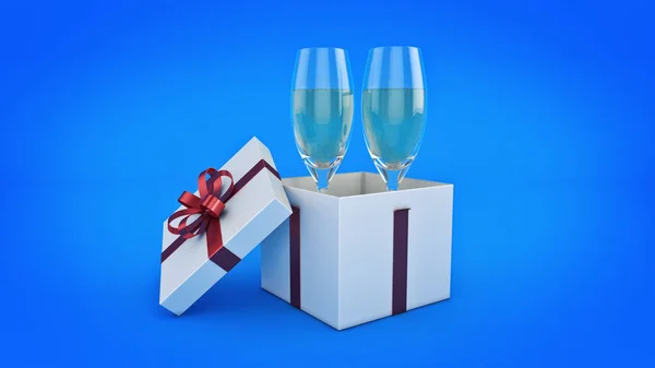 Kieliszki do szampana i prezenty gotowe do wprowadzenia w nowym roku. renderowania 3D — Zdjęcie stockowe