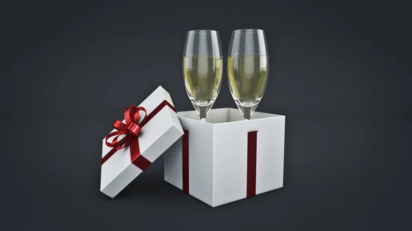 Copas de champán y regalos listos para traer en el nuevo año. renderizado 3d — Foto de Stock