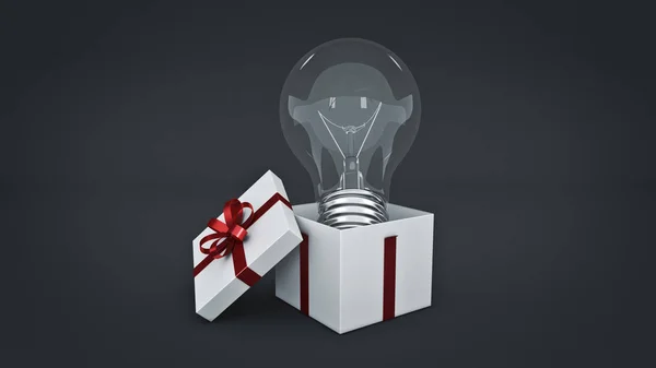 Geschenkkarton mit Glühbirne. 3D-Darstellung — Stockfoto