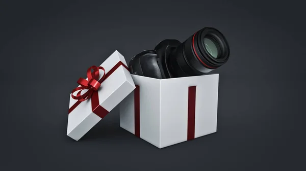 Fotokamera in Geschenkbox, Geschenkbox-Konzept. 3D-Darstellung — Stockfoto