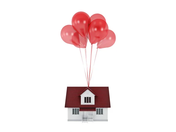 Balloons Raising Up an House Isolated. 3d rendering — Stock Photo, Image