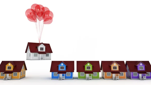 İzole bir evi yükselterek balonlar. 3D render — Stok fotoğraf