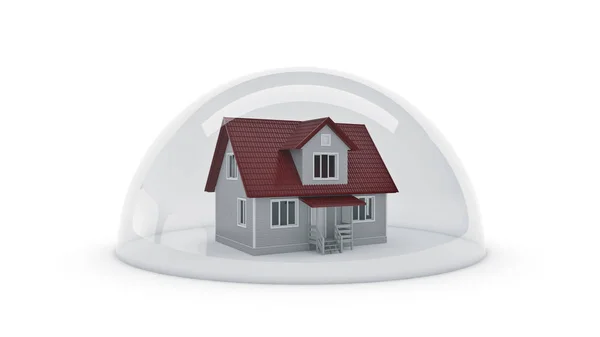 Huis onder een glazen schild, Protection Concept. 3D-rendering — Stockfoto
