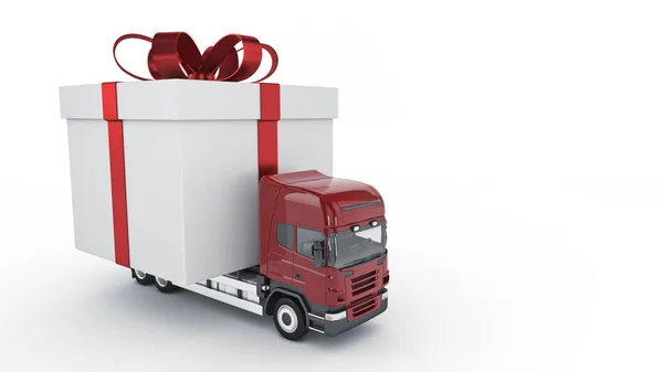 Presents delivery service concept, truck with a gift box. 3d rendering — Stock Photo, Image