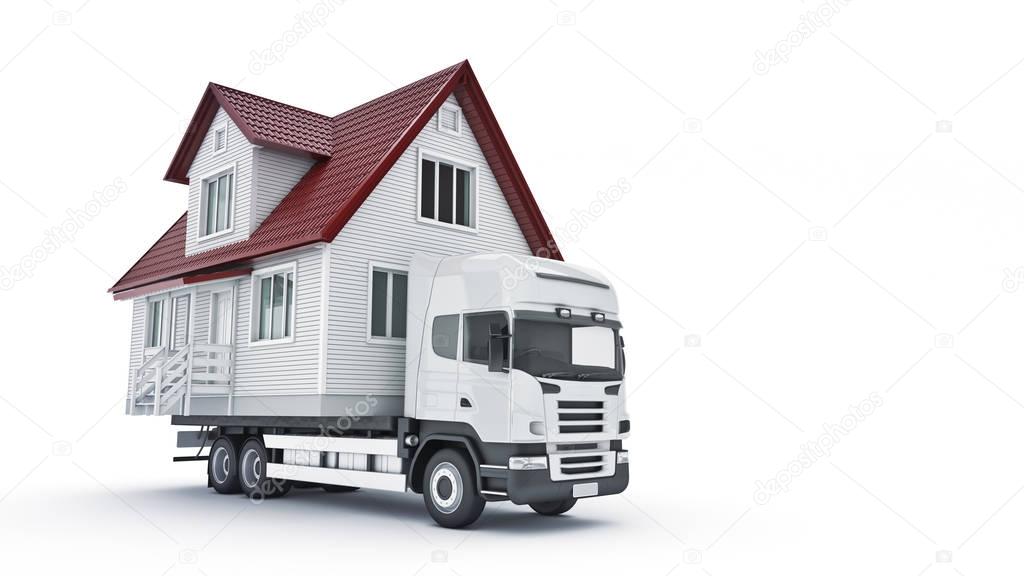 moving a house with a truck. 3d rendering