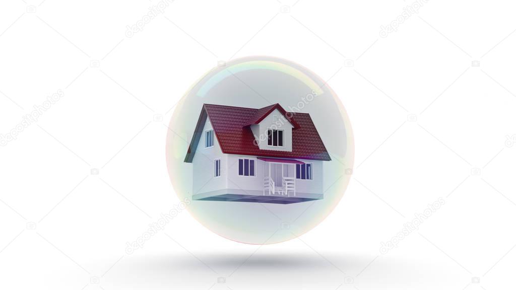 House in a bubble fly in the air. 3d rendering