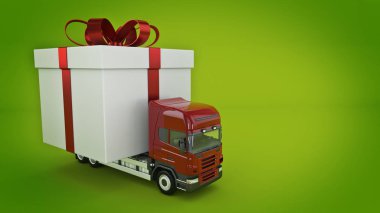 Teslim hizmet anlayışı, kamyonla bir hediye kutusu sunar. 3D render