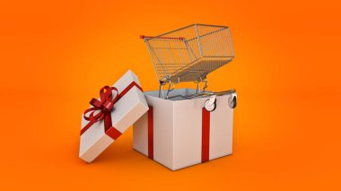 alışveriş sepeti. Hediye kutusu kavramı. 3D render