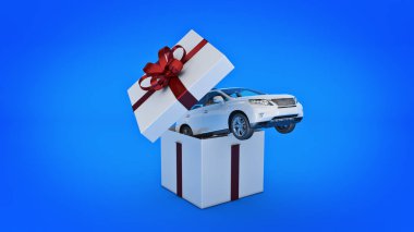 Araba Suv coupe. Hediye kutusu kavramı. 3D render