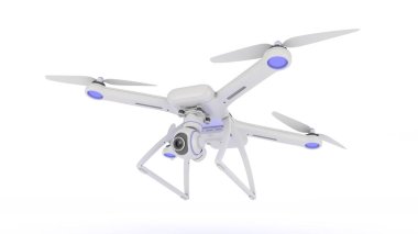 Robot, quadrocopter, mavi gökyüzünde uçan fotoğraf makinesi ile. 3D render