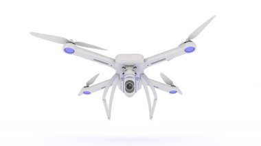 Robot, quadrocopter, mavi gökyüzünde uçan fotoğraf makinesi ile. 3D render