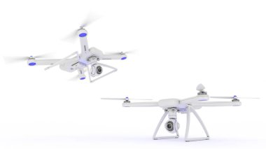 Robot, quadrocopter, mavi gökyüzünde uçan fotoğraf makinesi ile. 3D render