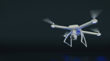 Robot, quadrocopter, mavi gökyüzünde uçan fotoğraf makinesi ile. 3D render