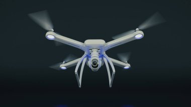 Robot, quadrocopter, mavi gökyüzünde uçan fotoğraf makinesi ile. 3D render