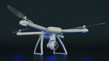 Robot, quadrocopter, mavi gökyüzünde uçan fotoğraf makinesi ile. 3D render