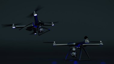 Robot, quadrocopter, mavi gökyüzünde uçan fotoğraf makinesi ile. 3D render