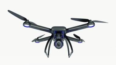 Robot, quadrocopter, mavi gökyüzünde uçan fotoğraf makinesi ile. 3D render