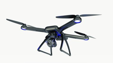 Robot, quadrocopter, mavi gökyüzünde uçan fotoğraf makinesi ile. 3D render