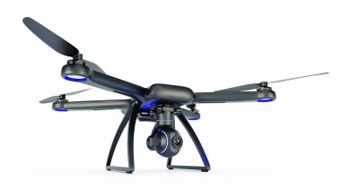 Robot, quadrocopter, mavi gökyüzünde uçan fotoğraf makinesi ile. 3D render