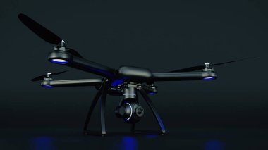 Robot, quadrocopter, mavi gökyüzünde uçan fotoğraf makinesi ile. 3D render