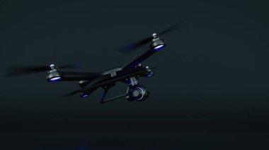 Robot, quadrocopter, mavi gökyüzünde uçan fotoğraf makinesi ile. 3D render