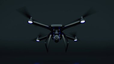 Robot, quadrocopter, mavi gökyüzünde uçan fotoğraf makinesi ile. 3D render