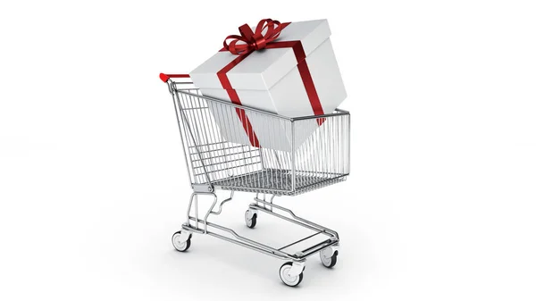 Shopping cart och gåva rutan. Gåva rutan koncept. 3D-rendering — Stockfoto