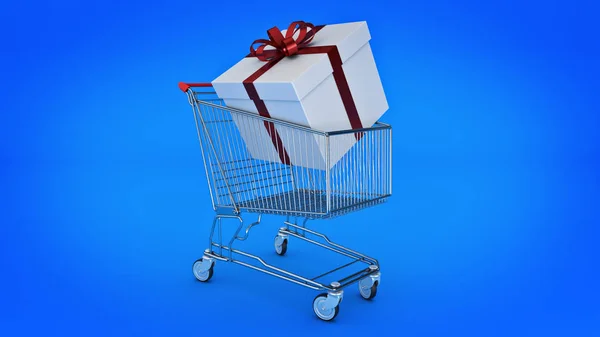 Shopping cart and gift box. Gift box concept. 3D rendering — Stock Photo, Image