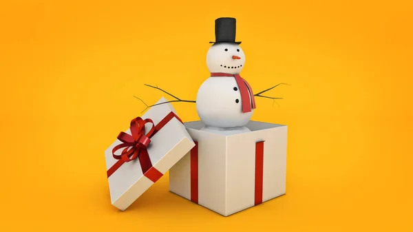 Muñeco de nieve en caja de regalo blanca. Concepto de caja regalo. Renderizado 3D — Foto de Stock