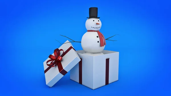 Сніговик у білій подарунковій коробці. Концепція подарункової коробки. 3D візуалізація — стокове фото