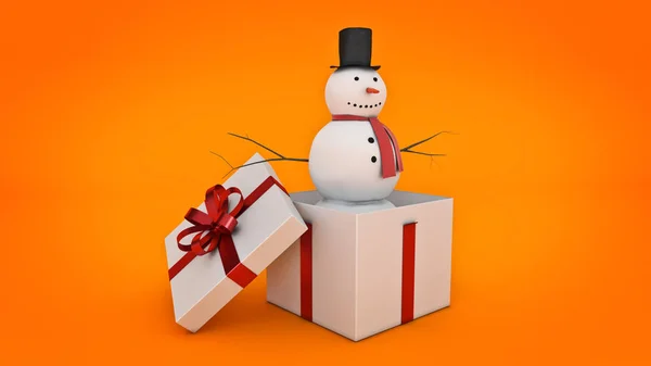 Muñeco de nieve en caja de regalo blanca. Concepto de caja regalo. Renderizado 3D — Foto de Stock