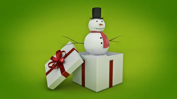 Schneemann in weißer Geschenkbox. Geschenk-Box-Konzept. 3D-Darstellung — Stockfoto