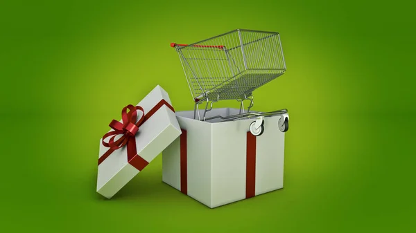 Carrito de compras. Concepto de caja regalo. Renderizado 3D — Foto de Stock