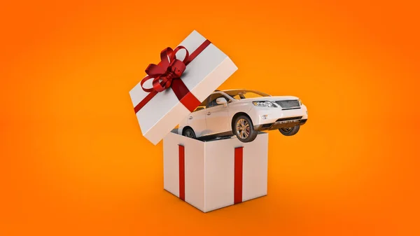 Auto Suv coupe. Geschenk box-concept. 3D-rendering — Stockfoto