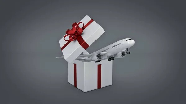 Avión. Concepto de caja regalo. Renderizado 3D — Foto de Stock