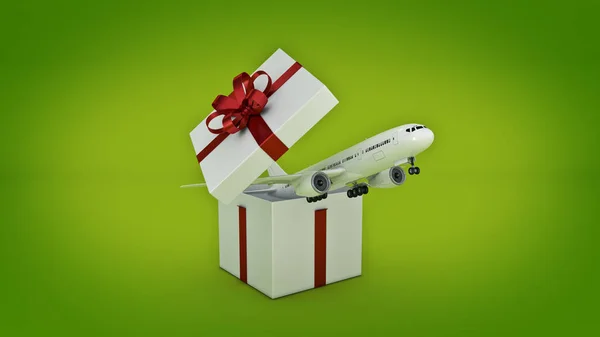 Avión. Concepto de caja regalo. Renderizado 3D — Foto de Stock