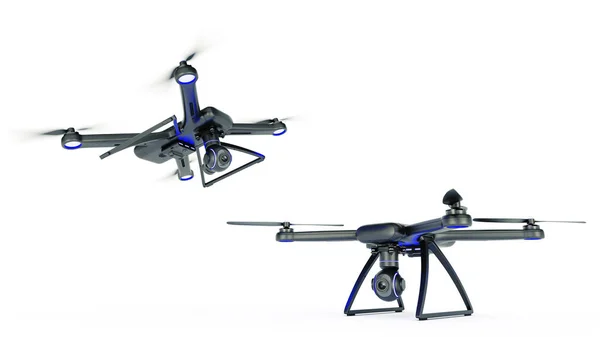 Drone, quadrocopter, con macchina fotografica che vola nel cielo blu. rendering 3d — Foto Stock