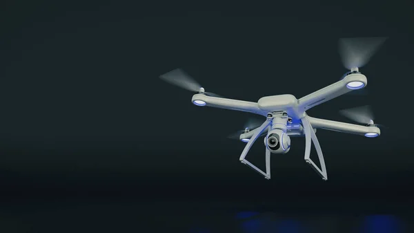 Drone, quadrocopter, med fotokamera flyger i den blå himlen. 3D-rendering — Stockfoto