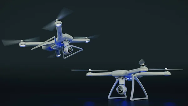 Drone, quadrocopter, con macchina fotografica che vola nel cielo blu. rendering 3d — Foto Stock