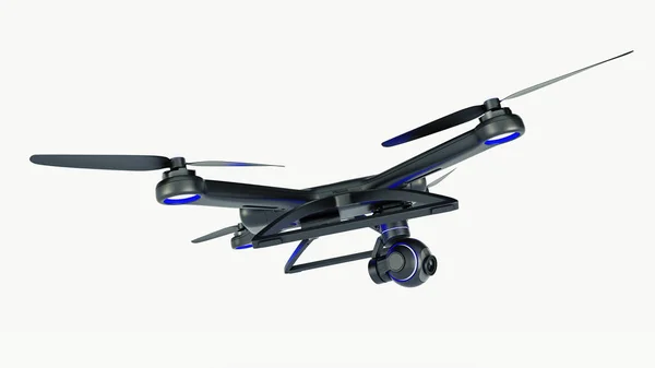 Drone, quadrocopter, con macchina fotografica che vola nel cielo blu. rendering 3d — Foto Stock