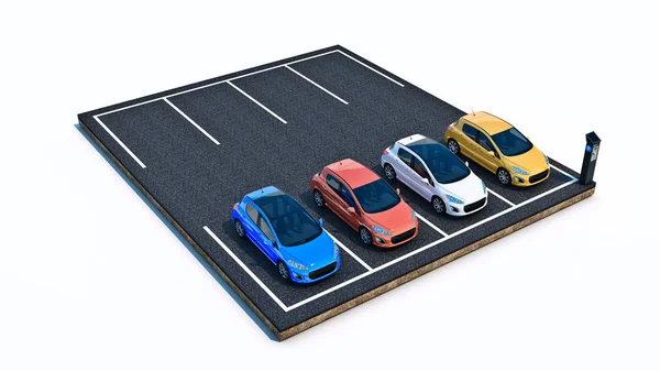 Auto's op parkeerplaats. 3D-rendering — Stockfoto