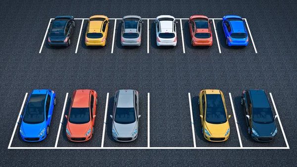 Autos auf dem Parkplatz. 3D-Darstellung — Stockfoto